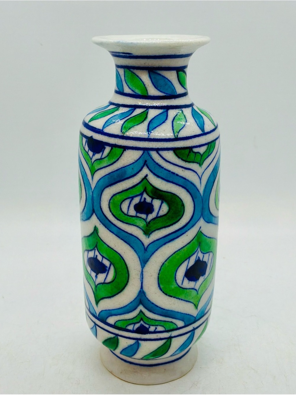 VTG Hand Painted Pottery Abstract Design Vase Made India-Blue, Green, White 6” T
